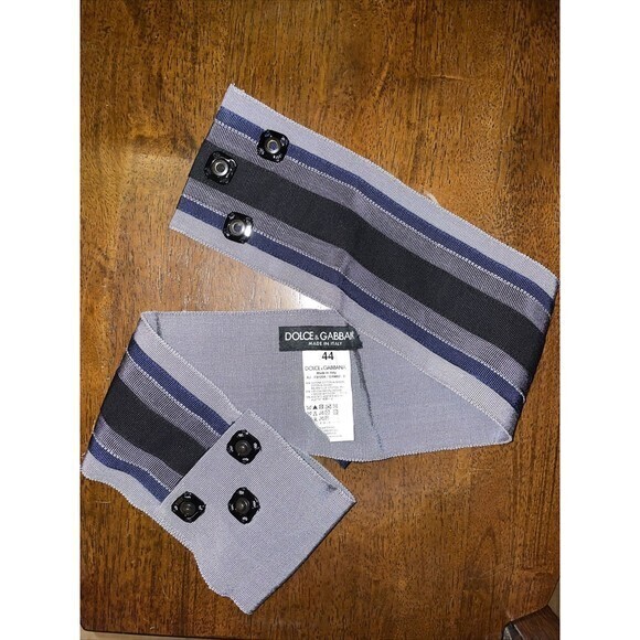 DOLCE & GABBANA Wide Gray Striped Belt Crystal Butterfly Brooch Made In Italy 44 - Picture 4 of 5